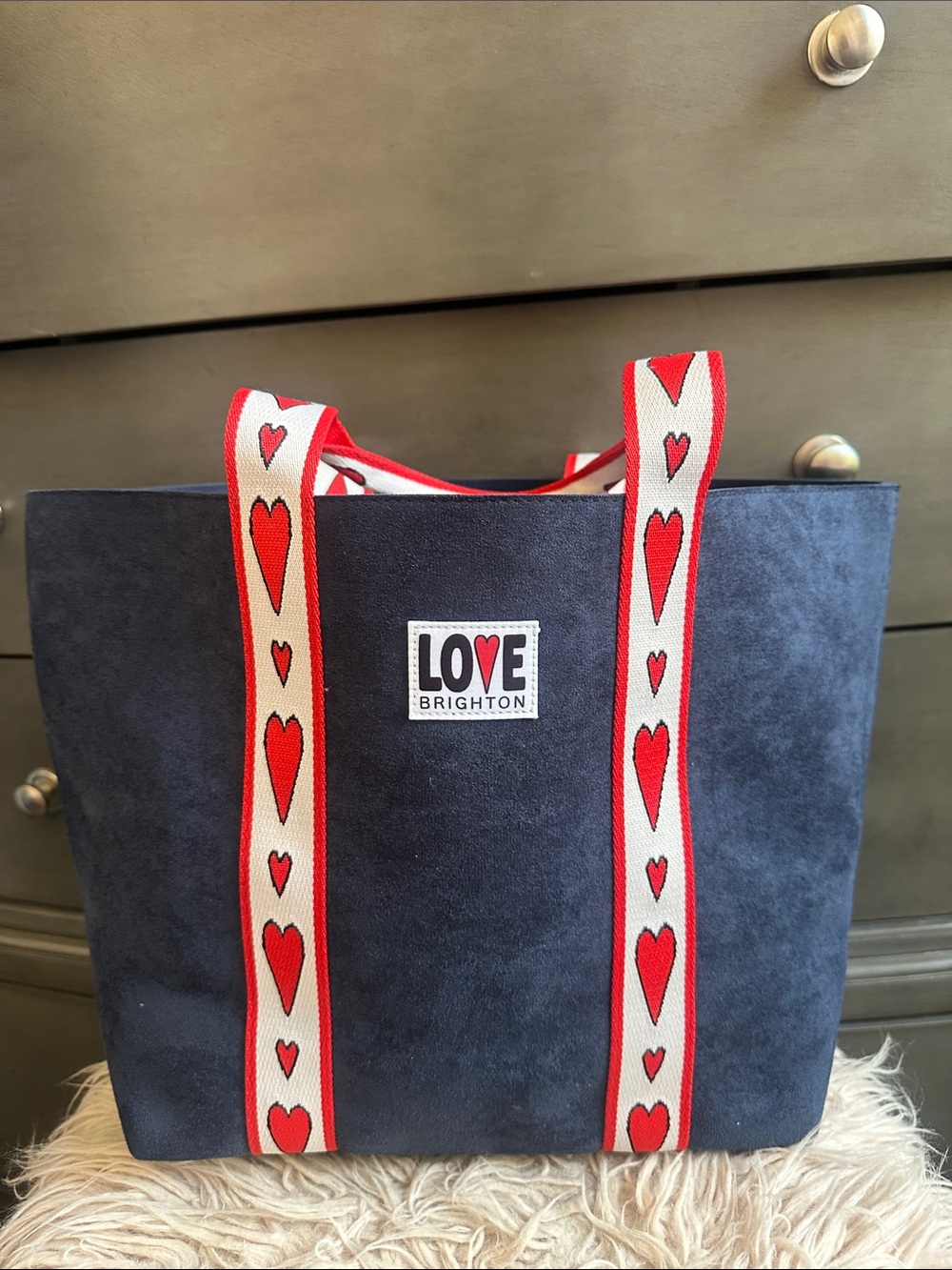 Brighton Navy Tote with Red Heart-Pattern Straps